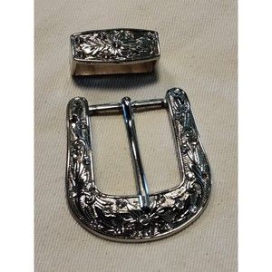 SILVER TONED DECORATIVE FLORAL FRAME STYLE WESTERN BELT BUCKLE CLEAR RHINESTONES
